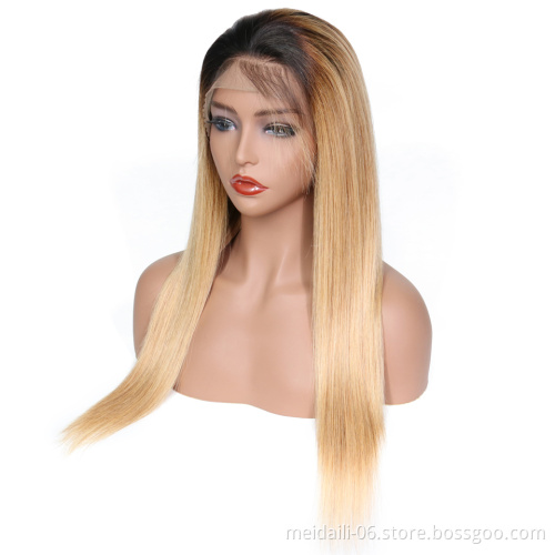 Aligned Hair Brazilian Quantity Silky Straight Style Color 1B 27 ombre Wigs, Lace Front Straight Wigs